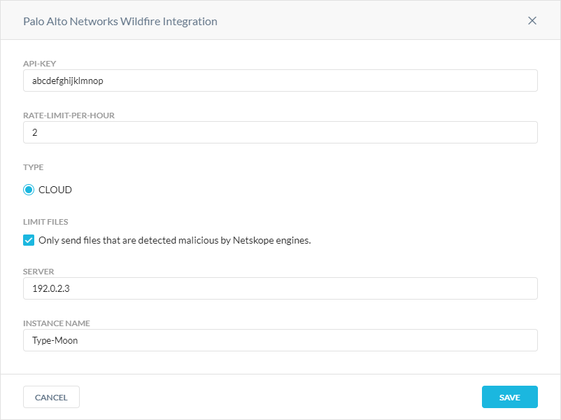 Palo Alto Networks WildFire Integration window The Palo Alto Networks WildFire Integration window.