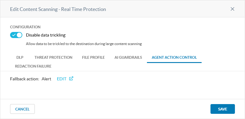 Agent Action Control tab for Advanced File Scanning.
