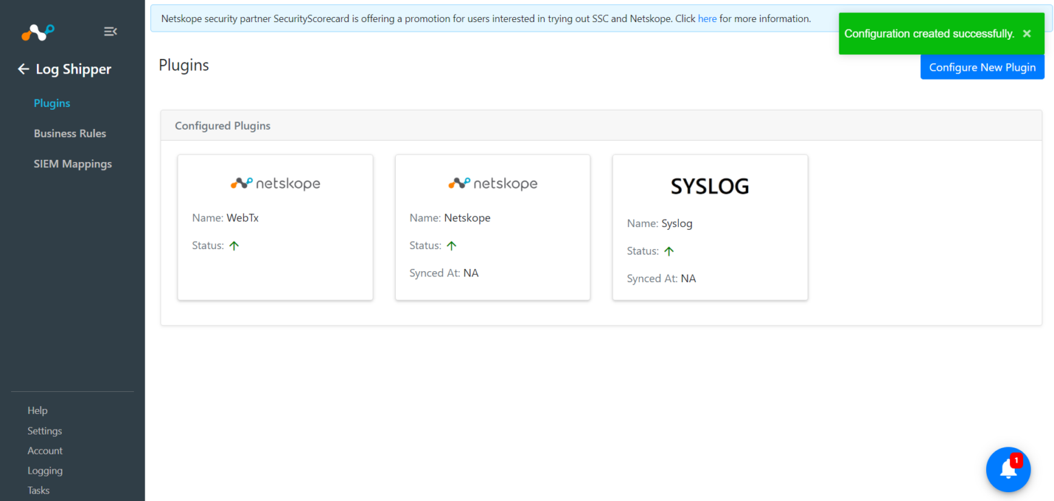 Syslog and Tx Plugins with Splunk for Log Shipper Netskope