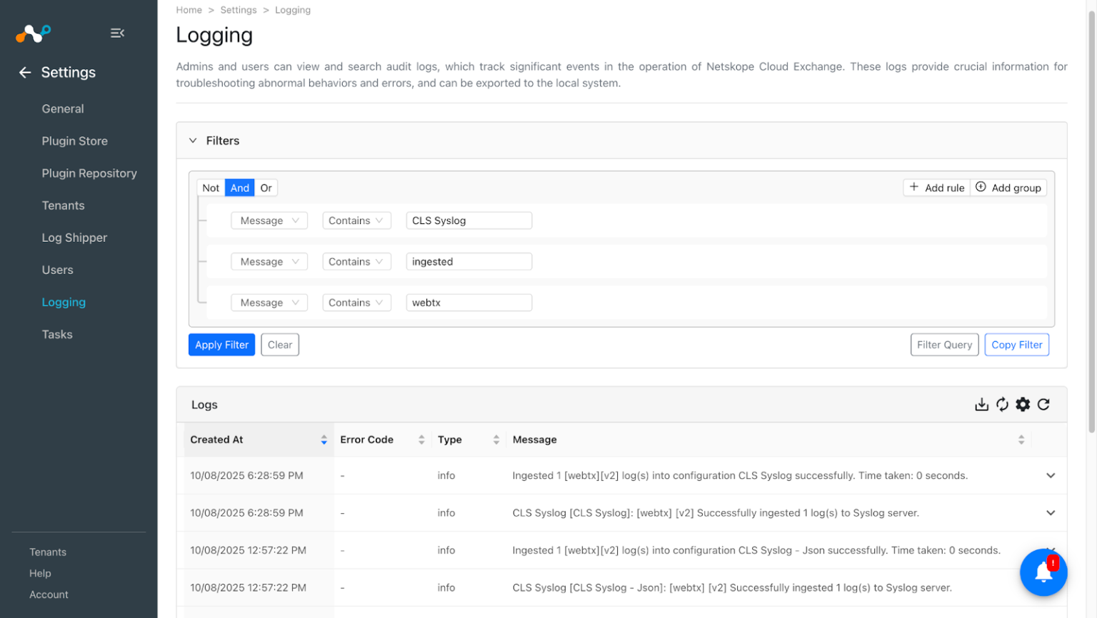 Syslog Plugin for Log Shipper - Netskope Knowledge Portal