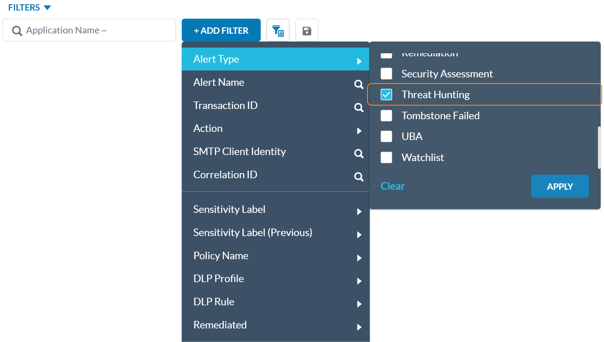 The Threat Hunting filter on the Skope IT Alerts page.