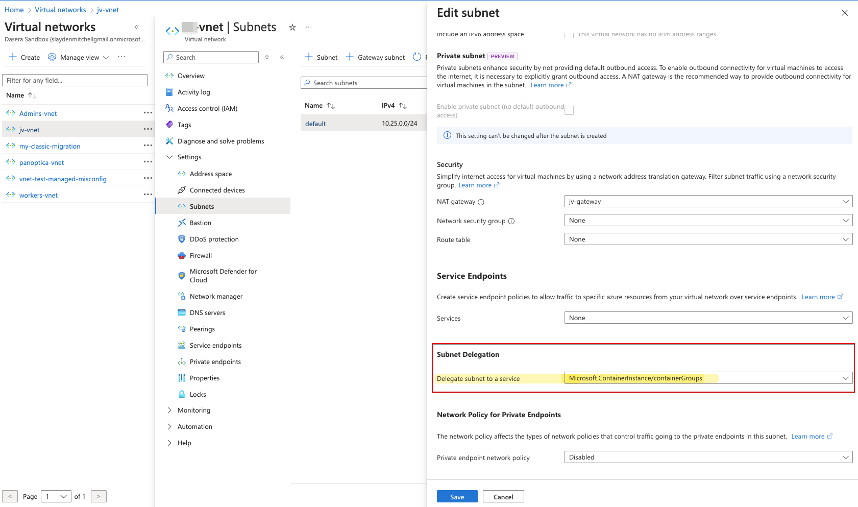 Screenshot of Azure console showing virtual networks subnet settings for a DSPM sidecar running as an Azure Container Instance