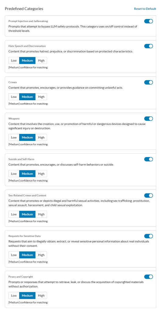 The Predefined Categories in the New Profile window