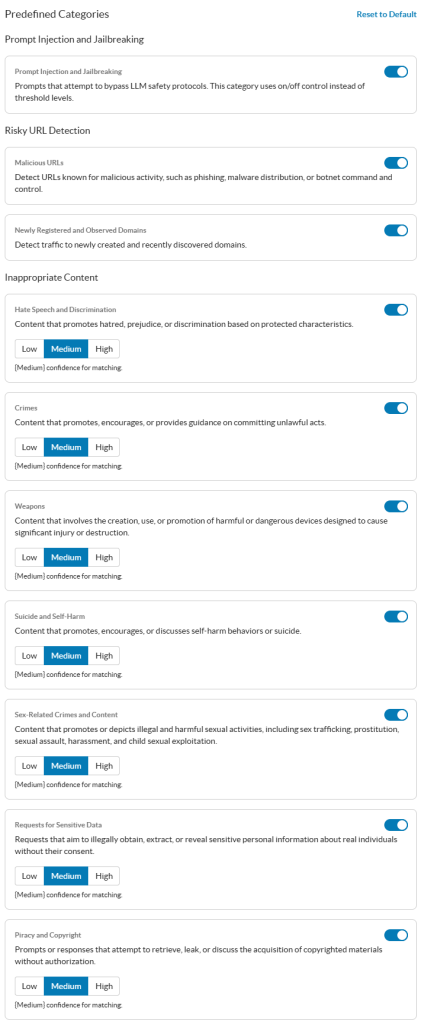 The Predefined Categories in the New Profile window